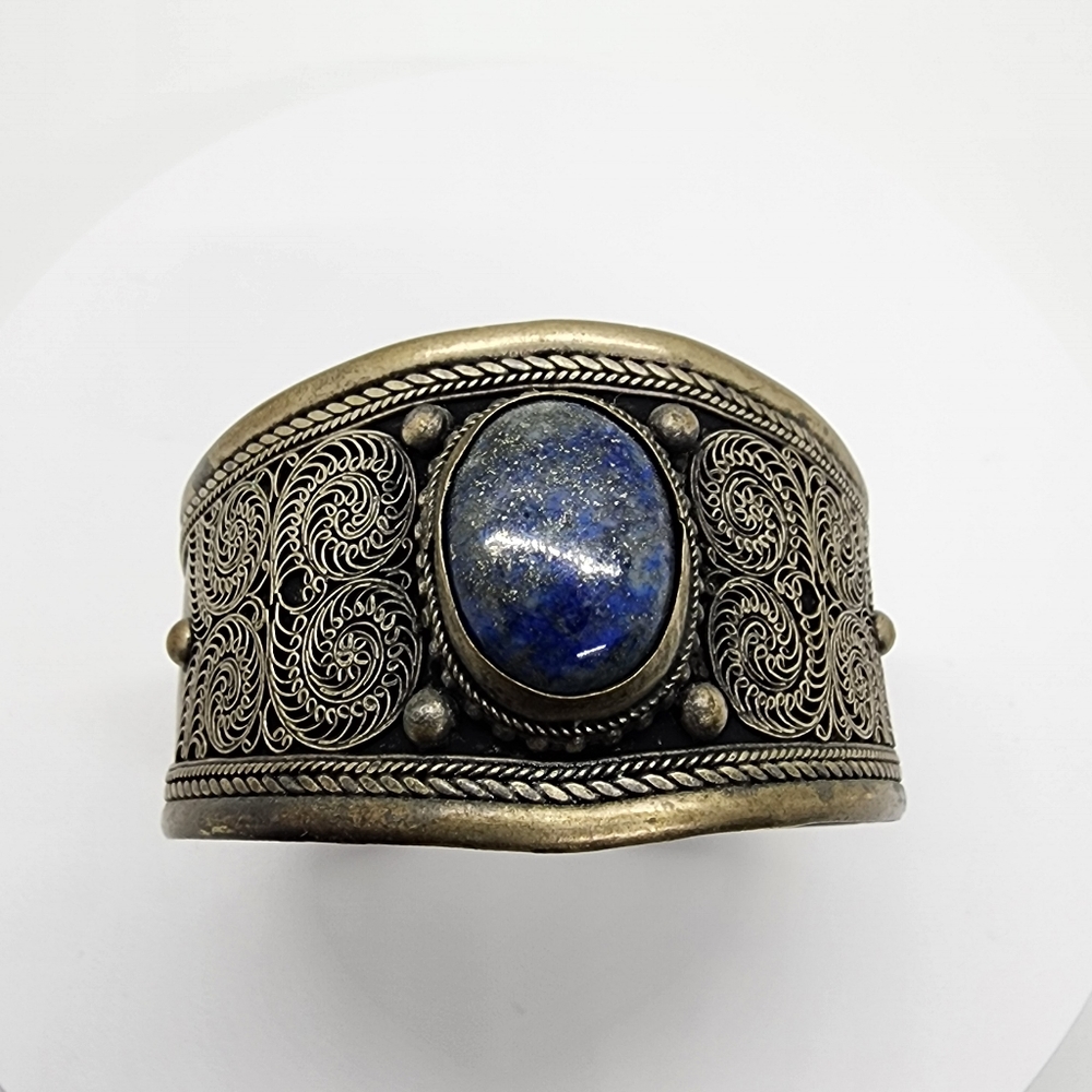 Vintage Lapis Lazuli Stone Old Brass  Decorative Cuff Bracelet - Picture 9 of 14
